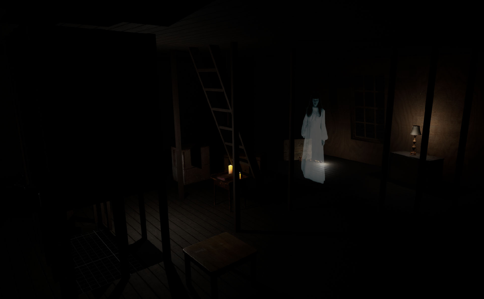 Live hologram ghost effect projected onto scrim in the attic set