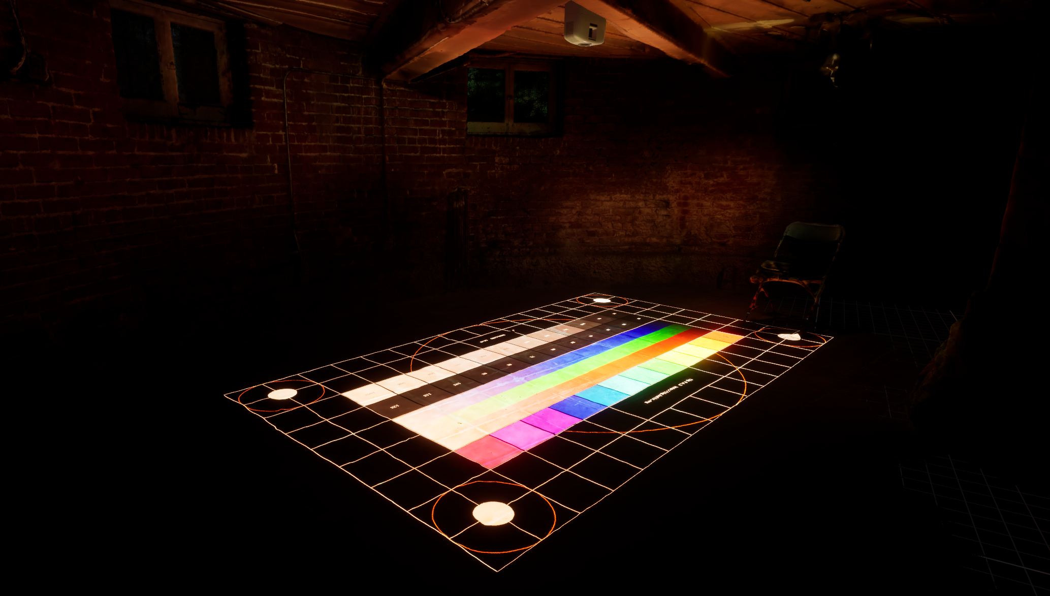 Projection mapping calibration test pattern on the floor of The Red Castle